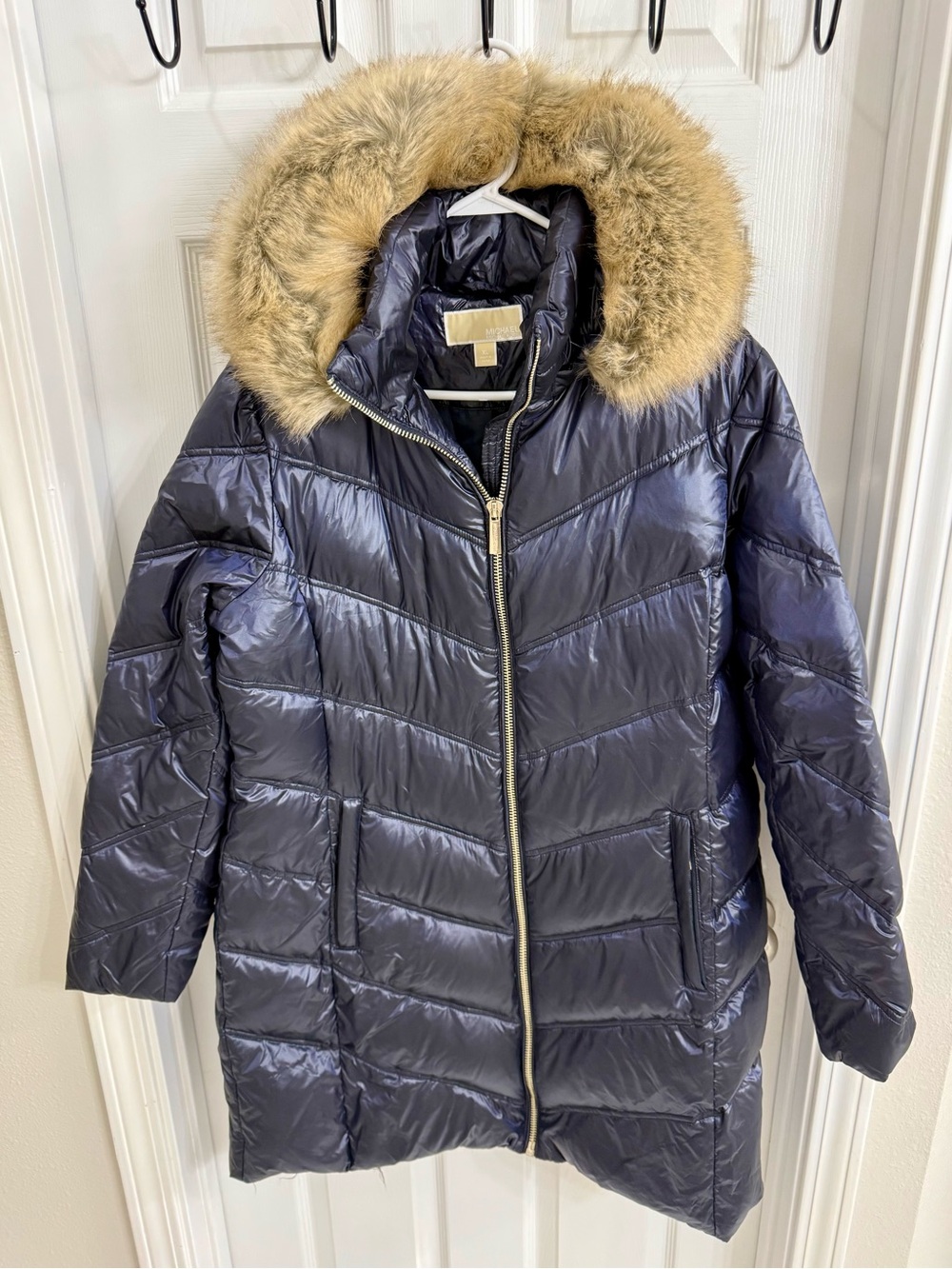 Michael Kors Navy Blue Long Puffer Coat with Faux Fur Trim Hood